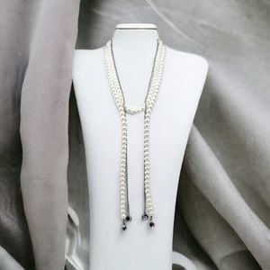 Faux Pearl Necklace Long Fringe Crystal Ends Ivory 10mm Bridal Special Occasion